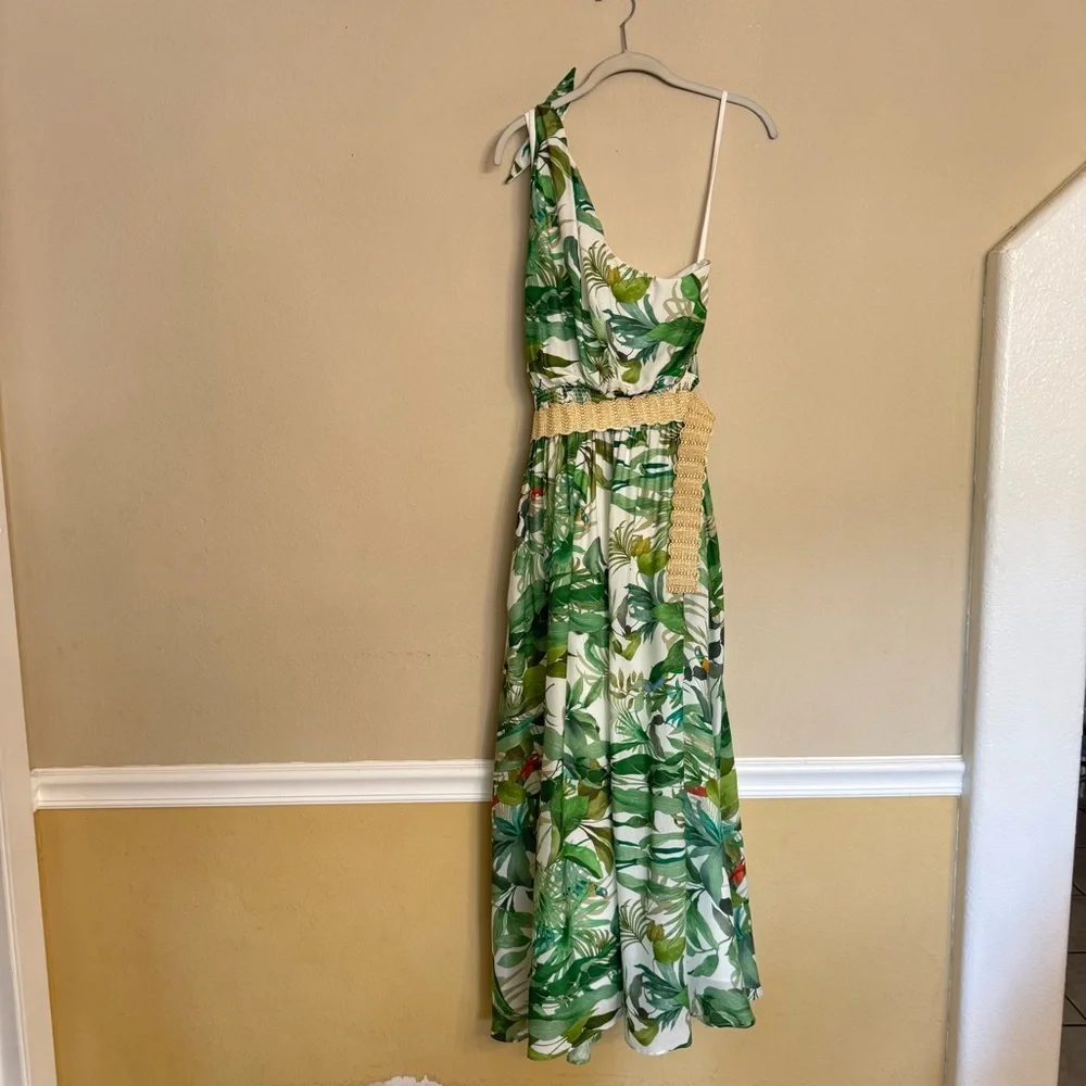 Antonio Melani LINEN Blend Selene Tropical Print One Shoulder Belted Dress Sz 12 - Picture 2 of 16